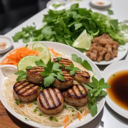 vietnamese bun cha experience - grilled pork patties, vermicelli noodles, and fresh herbs. 