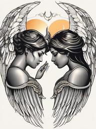 Angel and Devil Whispering in Ear Tattoo-Celebrating the mysterious with an angel and devil whispering in ear tattoo, symbolizing the duality of cosmic guidance.  simple vector color tattoo