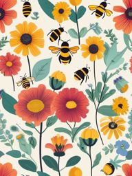 Bee Clipart - Bee collecting nectar from vibrant flowers , minimal, 2d