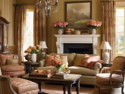 French Country living room highlights vintage furniture, floral patterns, and warm colors, creating a charming and inviting environment for socializing.  