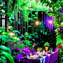 enchanted garden dining room featuring a living plant wall and twinkling fireflies. 