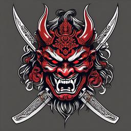 Oni Mask with Sword Tattoo-Bold and powerful tattoo featuring an Oni mask with a sword, capturing traditional and fierce aesthetics.  simple color vector tattoo
