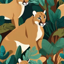 Cougars in the Wild Clip Art - Pair of cougars in their natural habitat,  color vector clipart, minimal style