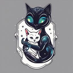 Alien Holding Cat Tattoo - Playful combination of cosmic charm and feline friendship.  simple color tattoo,vector style,white background