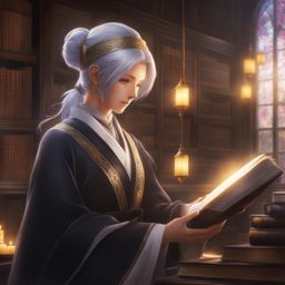 kenja no mago,shin wolford,teaching young apprentices the art of magic,a serene academy library hyperrealistic, intricately detailed, color depth,splash art, concept art, mid shot, sharp focus, dramatic, 2/3 face angle, side light, colorful background