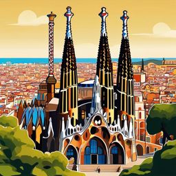 Barcelona clipart - Sagrada Família and Park Güell in Spain,  color vector clipart