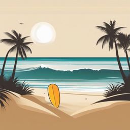 Surfboard by the Ocean Clipart - Surfboard planted in the sand by the ocean.  color clipart, minimalist, vector art, 