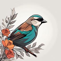 sparrow and flower tattoo  minimalist color tattoo, vector