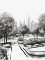 drawing of a park in a city  minimal rough sketch scribbles,doodles,black and white