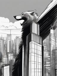 drawing of a wolf in skyscraper rooftop  minimal rough sketch scribbles,doodles,black and white