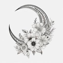 Crescent Moon & Flowers Tattoo - Symbol of beauty, femininity, and growth  minimal tattoo design,white background