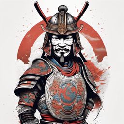 Samurai tattoo with ancient, celestial armor.  color tattoo,minimalist,white background