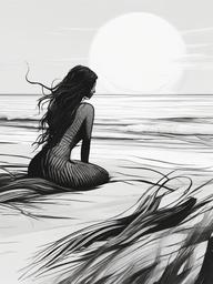 drawing of a mermaid at a beach  minimal rough sketch scribbles,doodles,black and white