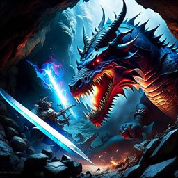 siegfried vs fafnir - a heroic dragon-slayer challenges the fearsome dragon fafnir in a treacherous cave, wielding a cursed sword. 