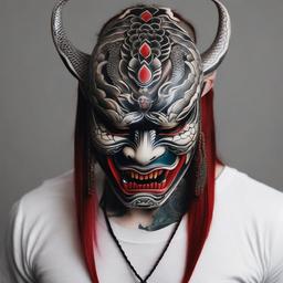 oni mask snake tattoo  simple color tattoo,white background,minimal