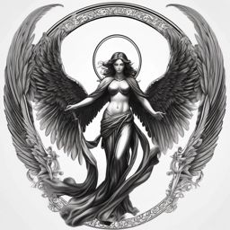 Guardian angel with wings design: Protective presence in Catholic ink.  black white tattoo, white background