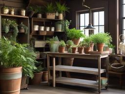 The greenhouse showcases vintage interior design with rustic planters, antique shelving, and warm accents that create an inspiring environment for gardening and plant care.  