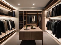 In the walk-in closet, urban modern interior design includes modular shelving, contemporary lighting, and a streamlined layout that create a stylish and efficient dressing area.  