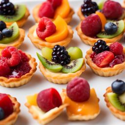 a platter of bite-sized tarts, each with a flaky pastry crust and a variety of fruit fillings. 