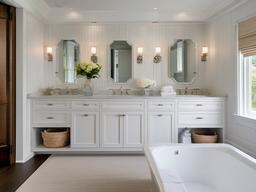 A bathroom with Hampton interior design incorporates light colors, beadboard paneling, and elegant fixtures that transform the space into a spa-like oasis with coastal charm.  