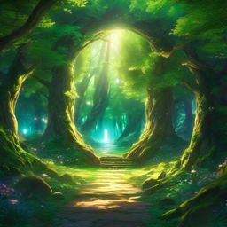 Enchanted forest with mystical portals. anime, wallpaper, background, anime key visual, japanese manga