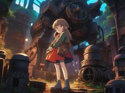 An anime girl with a knack for ancient relics embarks on a quest to unravel the secrets hidden within a mechanical beast graveyard.  1990s anime style