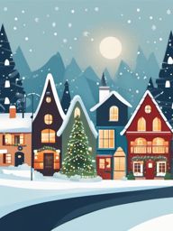 Winter Village clipart - Quaint village adorned with holiday lights, ,vector color clipart,minimal