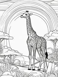 Giraffe Coloring Pages - Giraffe standing under a rainbow in a whimsical landscape  simple coloring pages