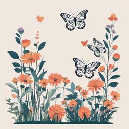 Plant clipart - flowers growing in a garden with butterflies  color,minimalist,vector clipart