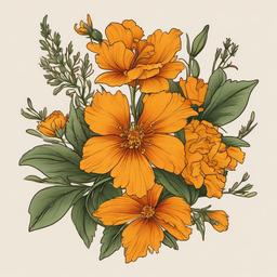 July and October Birth Flower Tattoo-Expressing the essence of July and October with a birth flower tattoo, featuring larkspur and marigold, symbolizing love and warmth.  simple vector color tattoo