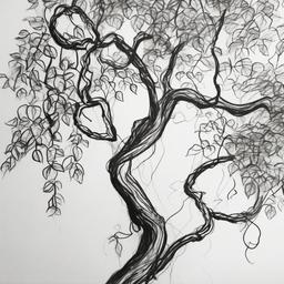 drawing of a vine climbing a tree  minimal rough sketch scribbles,doodles,black and white