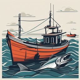 Fishing Boat and Catch Clipart - A fishing boat with a haul of fish.  color vector clipart, minimal style