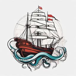 Octopus and Ship Tattoo - Infuse nautical themes into your tattoo with a design featuring an octopus and a ship.  simple vector color tattoo,minimal,white background