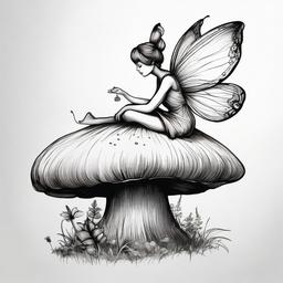 drawing of a fairy resting on a mushroom  minimal rough sketch scribbles,doodles,black and white