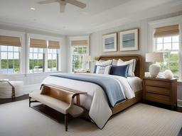 In the guest bedroom, Hampton interior design offers a serene atmosphere with soft linens, light hues, and nautical touches that make visitors feel relaxed and at home.  