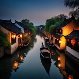 zhouzhuang water town - create a night scene of zhouzhuang, the venice of the east, with its picturesque canals, ancient bridges, and traditional houses glowing with lantern light. 