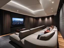 A media room designed with Bauhaus interior design features streamlined seating, large screens, and an emphasis on acoustics that enhances the cinematic experience in a modern setting.  