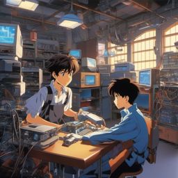 A tech-savvy anime boy, with a knack for building gadgets, transforms a mundane school into a hub for futuristic inventions and robotic companions.  1990s anime style