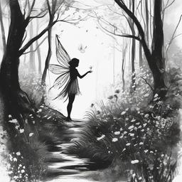 drawing of a fairy in a magical glade  minimal rough sketch scribbles,doodles,black and white