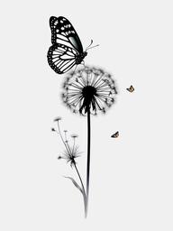 dandelion to butterfly tattoo  simple color tattoo, minimal, white background