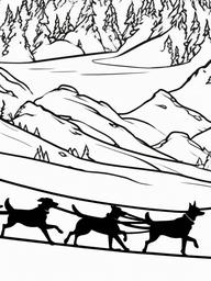 Sled Dog Coloring Pages - Brave Dogs Pulling a Sled in Snow  minimal black outline printable sheet, coloring page