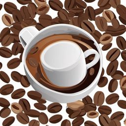 Coffee Cup with Beans Sticker - Coffee cup surrounded by scattered coffee beans, ,vector color sticker art,minimal