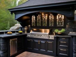 Gothic outdoor kitchen incorporates dark cabinetry, rich colors, and ornate details, creating a dramatic and moody space for entertaining.  