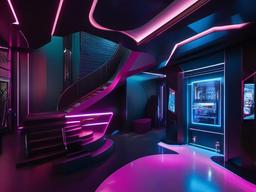 The foyer features cyberpunk interior design with bold colors, high-tech lighting, and urban decor that welcomes guests with a futuristic flair.  