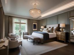 The master bedroom embraces Regency interior design with a beautifully crafted bed, luxurious textiles, and tasteful decor that create a stylish and tranquil haven for sleep.  