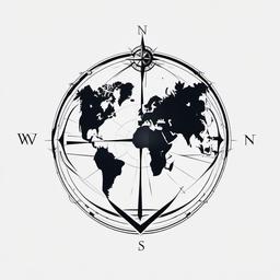 Compass World Tattoo - Compass tattoo featuring a world map.  simple vector tattoo,minimalist,white background