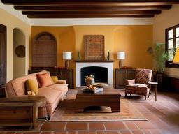 Spanish Revival living room incorporates warm colors, patterned tiles, and wooden furniture to create a vibrant yet comfortable atmosphere.  