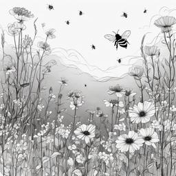 drawing of a bee garden  minimal rough sketch scribbles,doodles,black and white