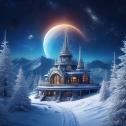 Snowy Space Mountain Retreat on an Alien World Winter Space Background intricate details, patterns, wallpaper photo