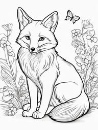 Fox Coloring Pages - Cartoon fox playing with a butterfly  simple coloring pages